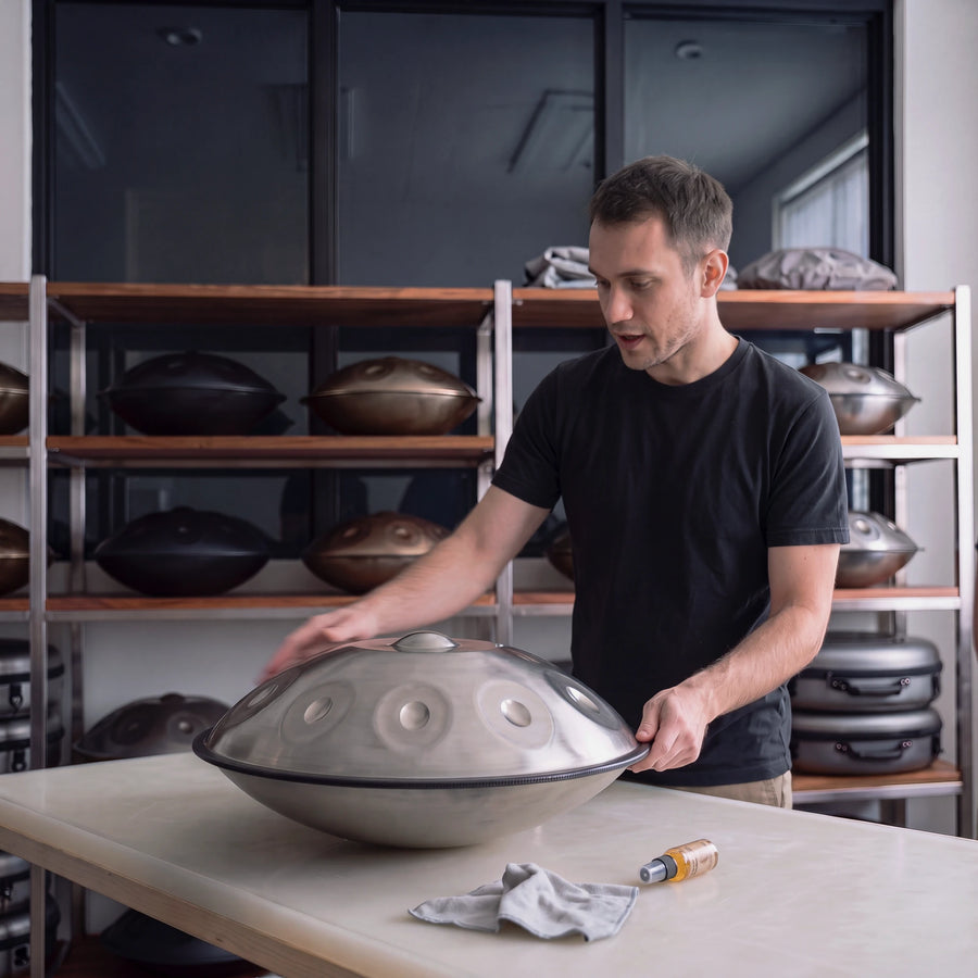 A maker wiping a brushed steel handpan on a workbench, with oil for handpan care and a cloth beside it and finished instruments on the shelves behind